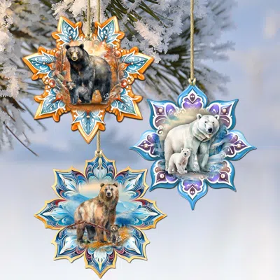 G. Debrekht Bears Snowflake Wooden Christmas Ornaments Set Of 3 By  In Multi