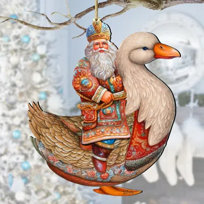 G. Debrekht Charming Santa On Goose Wooden Ornaments By  In Multi