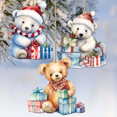 G. Debrekht Christmas Teddy Bear Decorative Wooden Christmas Ornaments Of 3 By  In Multi