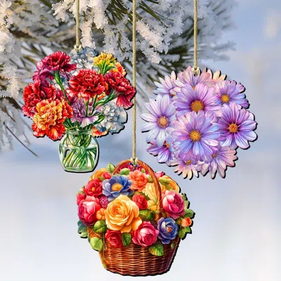 G. Debrekht Flowers Decorative Wooden Christmas Ornaments Set Of 3 By  In Multi
