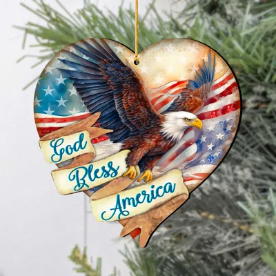 G. Debrekht God Bless America Patriotic Eagle Heart Wooden Christmas Ornament By  In Multi