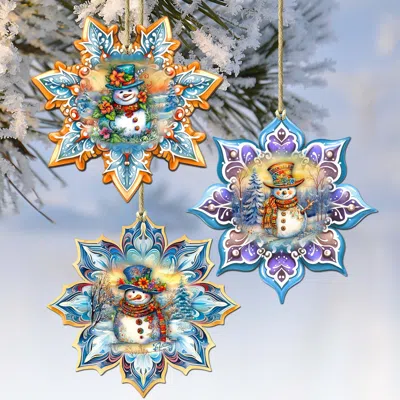 G. Debrekht Happy Snowman Snowflake Wooden Christmas Ornaments Set Of 3 By  In Multi