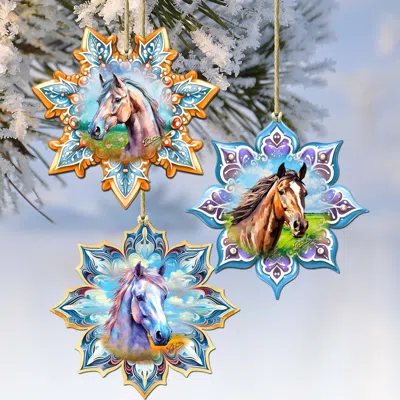G. Debrekht Horses Snowflake Wooden Christmas Ornaments Set Of 3 By  In Blue