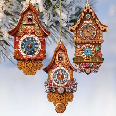 G. Debrekht Miniature Clock Decorative Wooden Christmas Ornaments Set Of 3 By  In Brown