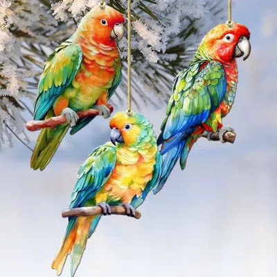G. Debrekht Parrots Decorative Wooden Christmas Ornaments Of 3 By  In Multi