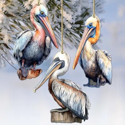 G. Debrekht Pelicans Decorative Wooden Christmas Ornaments Of 3 By  In Multi