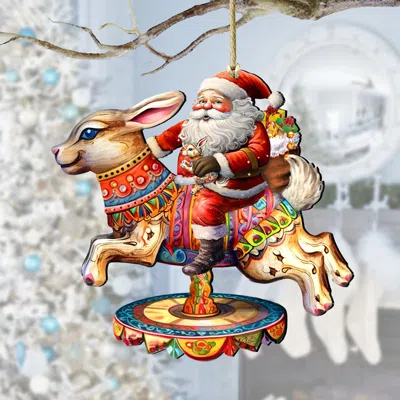 G. Debrekht Santa Claus On Bunny Carousel Wooden Ornaments By  In Multi