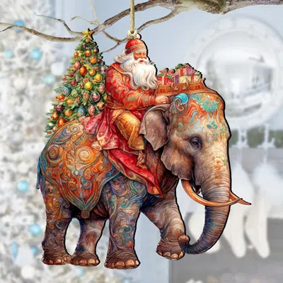 G. Debrekht Santa On Elephant Wooden Ornaments By  In Multi