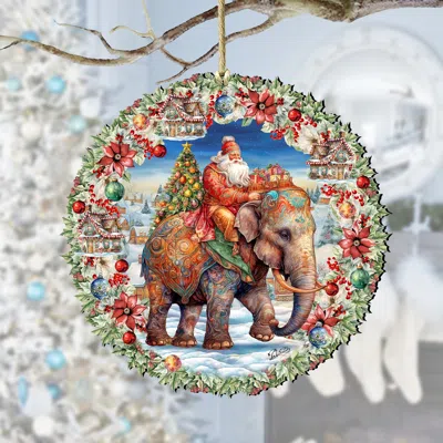 G. Debrekht Santa On Elephant Wreath Wooden Ornaments By  In Multi