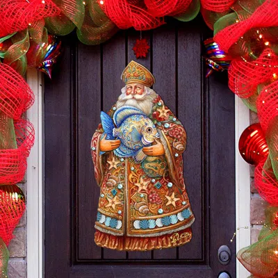 G. Debrekht Santa With Fish Holiday Door Decor By  In Multi