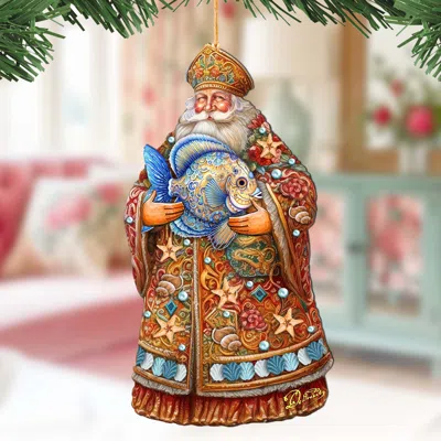 G. Debrekht Santa With Fish Wooden Christmas Ornament By  In Multi