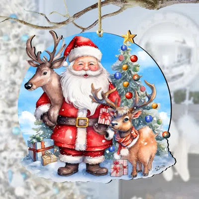 G. Debrekht Santa With Reindeer Wooden Ornaments By  In Multi
