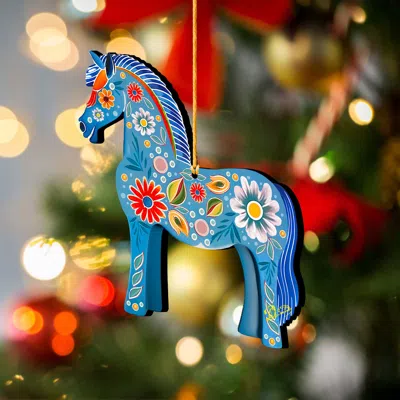G. Debrekht Set Of 2 - Danish Horse Decorative Wooden Christmas Ornaments By  In Blue