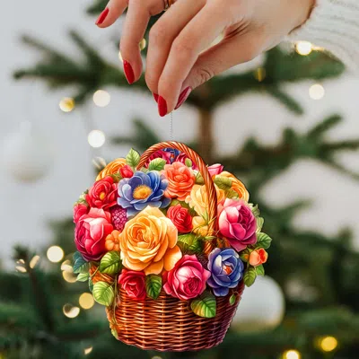 G. Debrekht Set Of 2 - Flowers In The Basket Wooden Christmas Ornaments By  In Multi