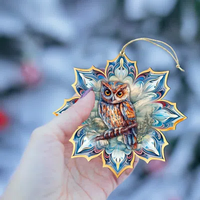 G. Debrekht Set Of 2 - Great Horned Owl Snowflake Wooden Christmas Ornaments By  In Multi