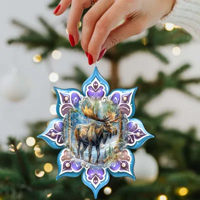 G. Debrekht Set Of 2 - Moose Snowflake Wooden Christmas Ornaments By  In Multi
