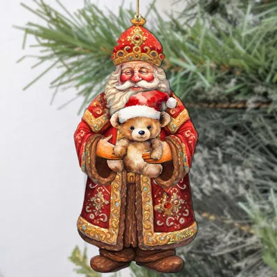 G. Debrekht Set Of 2 - Santa's Teddy Bear Hug Wooden Christmas Ornaments By  In Multi