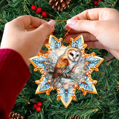 G. Debrekht Set Of 2 - Short-eared Owl Snowflake Wooden Christmas Ornaments By  In Blue
