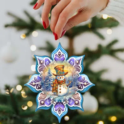 G. Debrekht Set Of 2 - Snowman Purple Snowflake Wooden Christmas Ornaments By  In Multi