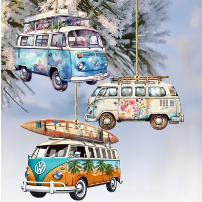 G. Debrekht Volkswagen Vans Decorative Wooden Christmas Ornaments Set Of 3 By  In Multi