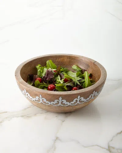 G G Collection Mango Wood Wide Serving Bowl With Metal Inlay