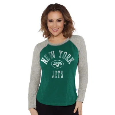 G-iii 4her By Carl Banks Green/heather Gray New York Jets Waffle Knit Raglan Long Sleeve T-shirt