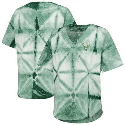 G-iii 4her By Carl Banks Hunter Green Milwaukee Bucks Tournament Raglan Oversized Tie-dye V-neck T-s