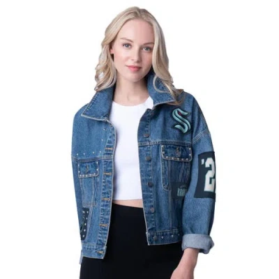 G-iii 4her By Carl Banks Seattle Kraken Game Ball Cropped Button-up Denim Jacket In Blue