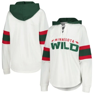 G-iii 4her By Carl Banks Women's  White, Green Minnesota Wild Goal Zone Long Sleeve Lace-up Hoodie T- In White,green