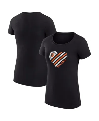 G-iii 4her By Carl Banks Women's Black Baltimore Orioles Super-slim Fit Lightweight Heart Graphic T-shirt