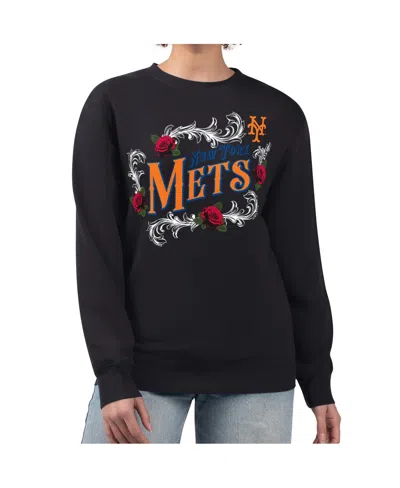 G-iii 4her By Carl Banks Women's Black New York Mets Retro Roses Fleece Pullover Sweatshirt