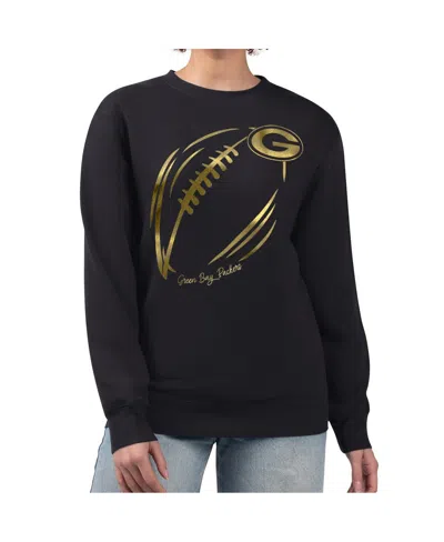 G-iii 4her By Carl Banks Women's Black/gold Green Bay Packers Metallic Print Football Sketch Fleece Pullover Hoodie