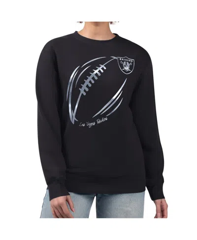 G-iii 4her By Carl Banks Women's Black/silver Las Vegas Raiders Metallic Print Football Sketch Fleece Crewneck Sweatshirt In Multi