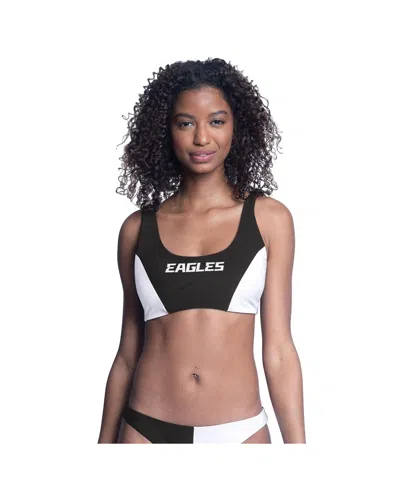 G-III 4HER BY CARL BANKS WOMEN'S BLACK/WHITE PHILADELPHIA EAGLES BRIEF GAME BIKINI TOP