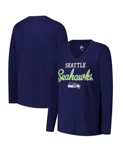 G-iii 4her By Carl Banks Women's College Navy Seattle Seahawks Post Season Long Sleeve V-neck T-shirt In Blue