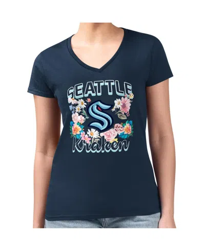 G-iii 4her By Carl Banks Women's Deep Sea Blue Seattle Kraken Flower Logo Fitted V-neck T-shirt