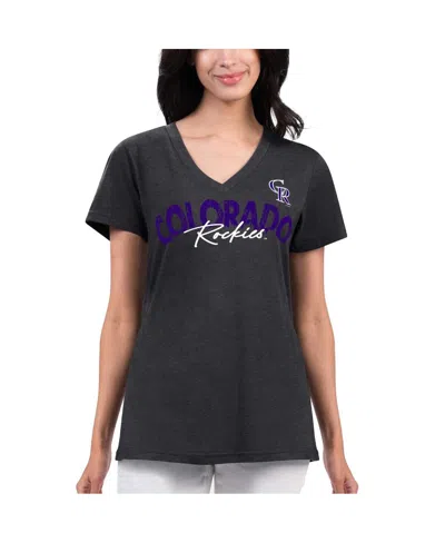 G-iii 4her By Carl Banks Women's  Black Distressed Colorado Rockies Key Move V-neck T-shirt