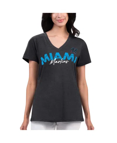 G-iii 4her By Carl Banks Women's  Black Distressed Miami Marlins Key Move V-neck T-shirt