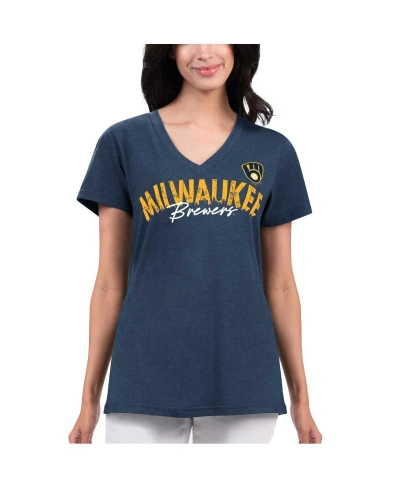 G-iii 4her By Carl Banks Women's  Navy Distressed Milwaukee Brewers Key Move V-neck T-shirt