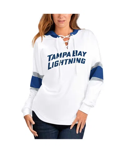 G-iii 4her By Carl Banks White/blue Tampa Bay Lightning Goal Zone Long Sleeve Lace-up Hoodie T-shirt In White,blue