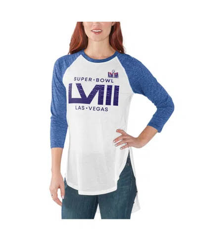 G-iii 4her By Carl Banks Women's  White, Royal Super Bowl Lviii Tailgate Raglan 3/4 Sleeve T-shirt In White,royal