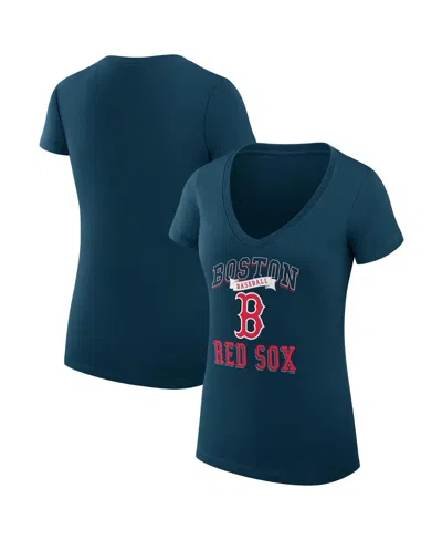 G-iii 4her By Carl Banks Women's Navy Boston Red Sox Team Logo Graphic V-neck Fitted T-shirt In Blue