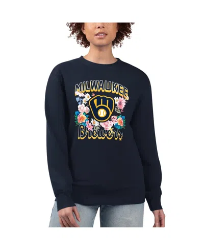 G-iii 4her By Carl Banks Women's Navy Milwaukee Brewers Flowers Graphic Pullover Sweatshirt In Black