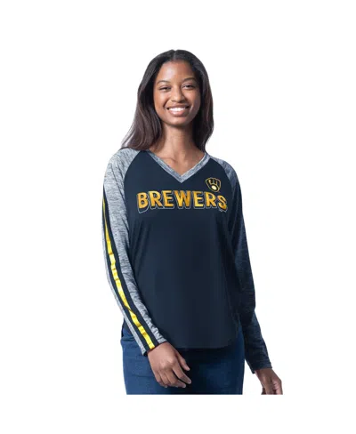 G-iii 4her By Carl Banks Women's Navy Milwaukee Brewers Top Dog Raglan Long Sleeve V-neck T-shirt In Blue