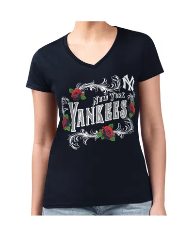 G-iii 4her By Carl Banks Women's Navy New York Yankees Retro Roses Fitted V-neck T-shirt In Blue