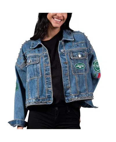 G-iii 4her By Carl Banks Women's New York Jets First Finish Medium Denim Full Button Jacket In Blue