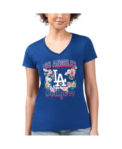 G-iii 4her By Carl Banks Women's Royal Los Angeles Dodgers Flowers Graphic Fitted V-neck T-shirt In Blue