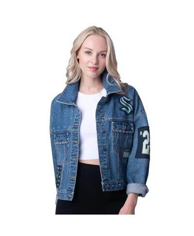G-iii 4her By Carl Banks Women's Seattle Kraken Game Ball Cropped Button-up Denim Jacket In Blue