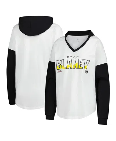 G-iii 4her By Carl Banks Women's White/black Ryan Blaney Bench Player Oversized Long Sleeve Hoodie V-neck T-shirt In White,black