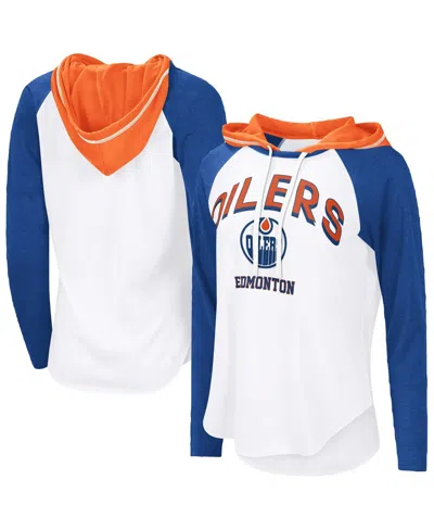 G-iii 4her By Carl Banks Women's White/blue Edmonton Oilers Vip Raglan Long Sleeve Hoodie T-shirt In White,blue